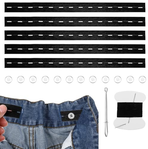 Aphumedc 6 stycken byxjusterare, elastisk, justerbar elastisk midja, 25,5 x 2 cm, platt syband, gummiband med 12 knappar, 1 syset och 1 garnkrok för kvinnor, män, barn, byxknappar, byxkjol