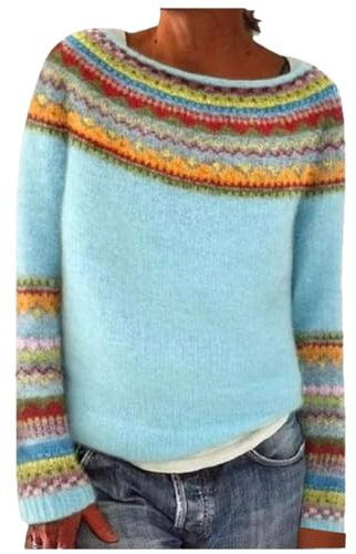 Générique Pull Norvégien Femme Hiver Chic Pull Vintage Col Rond Jacquard Tricoté Chaud Pullover Manches Longues Tunique Sweater Grande Taille Élégant Automne Haut Doux Décontracté Noël Top