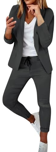 Generisk damkostym, elegant, 2 delar, tvådelad dam, elegant, byxkostym, långärmad, affärskostym, fritidsoverall, enfärgade, kavajbyxor, stora storlekar, långa byxor, fritidsoverall,, Mörkgrå, 5XL