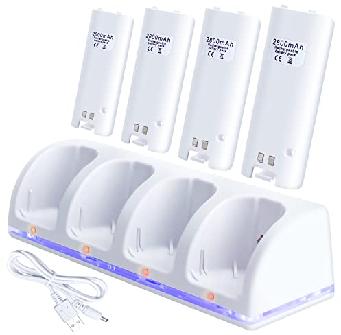 OSTENT Charger Dock Station + 4 Battery Packs Compatible for Nintendo Wii Remote Controller Color White