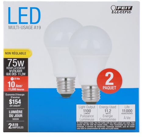 Feit Electric A19 LED Light Bulbs, 75W Equivalent, Non Dimmable, 1100 Lumens, E26 Standard Base, 5000k Daylight, 80 CRI, 10 Year Lifetime, Energy Efficient, 2 Pack, A1100/850/10KLED/2