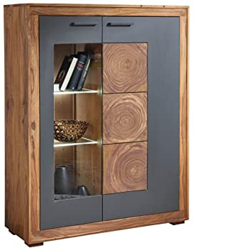 MASSIVMOEBEL24.DE | Turin massives Highboard #03 - Braun, gebeizt | aus Sheeshamholz/Akazienholz | 103x40x135cm | 1 Glastür - 1 Holztür | Wohnzimmerschrank, Hochkommode