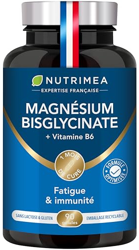 Magnésium Bisglycinate + Vitamine B6 - Sommeil, Stress, Fatigue - Absorption Maximale & Assimilation Facilitée - 90 Gélules Vegan - Nutrimea - Fabriqué en France