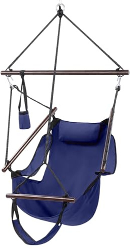 ONCLOUD Sky Chair, Deluxe Hanging Hammock Air Chair Swing Seat with Pillow, Drink Holder, Solid Wood Weather Resistant for Indoor/Outdoor Yard Garden Tree Patio Porch, 250 LBS (Navy Blue)