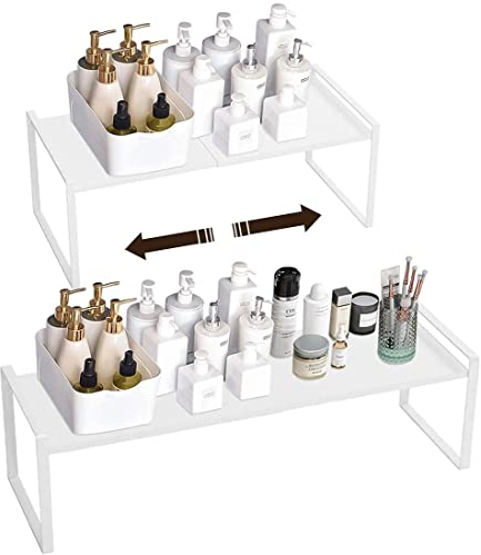 Isyunen Porta piatti allungabile, mensole da cucina per stoviglie, ripiani salvaspazio, organizer per credenza, cibo e utensili, in metallo-bianco 20.5*20*36~60cm