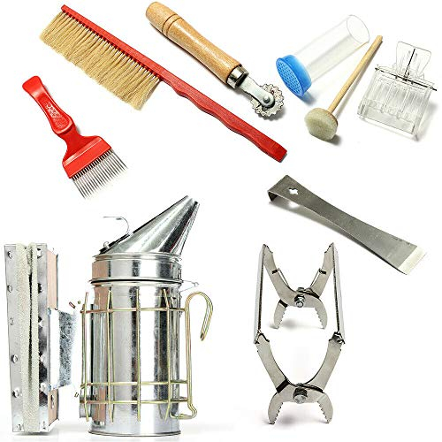 TIXBYGO 8 Teiliges Imkerei Werkzeugset, Bienenzucht Kit,Imker Starter Kit, Bienenraucher Königin Markierungskäfig Mit Kolben,Hive Tool,Gabel Abdecken,Spur Wire Wheel Embedder
