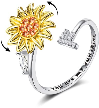 FUNEIA Anillo de ansiedad inicial para ansiedad S925 Anillo de plata de ley para mujeres adolescentes y niñas, anillo giratorio ajustable, anillo anti ansiedad, anillo para aliviar el estrés, anillo