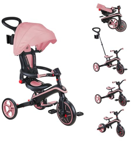 GLOBBER Explorer Trike Foldable 4in1 rosa – Dreirad, Laufrad und Kinderwagen in 10/8,5 Zoll – TPR-Sitz – höhenverstellbares Kinderfahrzeug