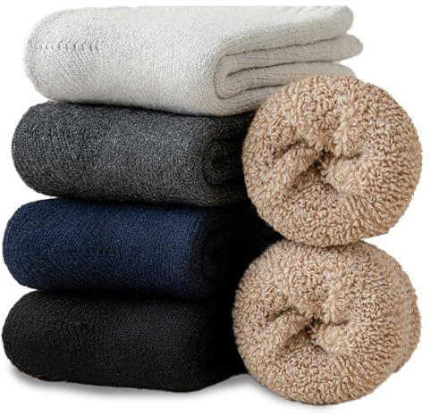Josnown Calzini Termici Uomo, 5 Paia Calze di Lana Addensati e Caldi, Design Morbido e Accogliente in Spugna Intera, Taglia 39-45