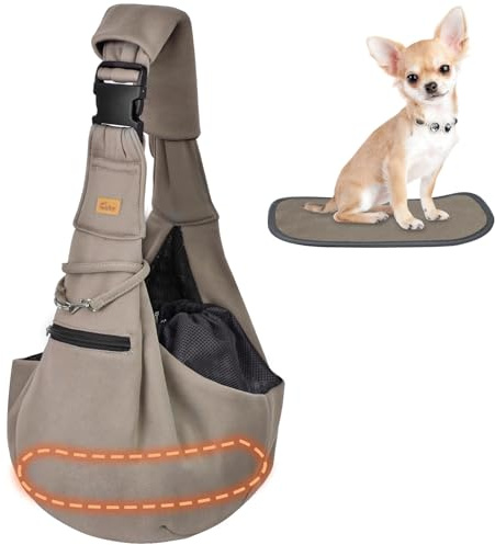 CUBY Puppy Carrier, Adjustable Reversible Cat Dog Sling Carrier for Small Medium Dogs Hands-free Puppy Sling Protect Shoulder Strap with Safety Belt Zipper Pocket Bottom Mat