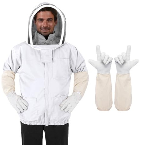 ZMHBKPS Bee Suit - Beekeeping Jacket for Men & Women - Polycotton Beekeeper Jacket with Beekeeping Gloves and Veil Hood (White-XXL)