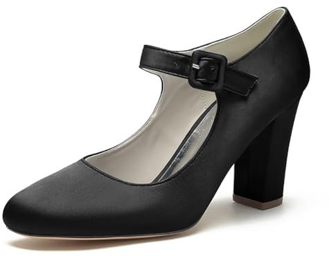 WeFloHsL Women Chunky Heel Wedding Bridal Shoes Satin Round Toe Mary Jane Dress Pumps CG2023-05,Black,5 UK