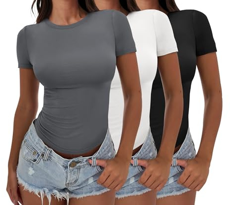 ANRABESS Women’s 3 Pack Short Sleeve Shirts 2026 Crop Tops Tight Fitted Basic Tees Workout T Shirts Y2k Clothes Summer Outfit Black White Deep Grey Small