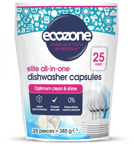 Ecozone Optimum All In One Dishwasher Capsules x 25, Dishwashing Tablets with Salt, Rinse Aid & Extra Dry Effect, Powerful Degreaser & Dish Washer Tabs, Eco Conscious & Gentle on Appliances