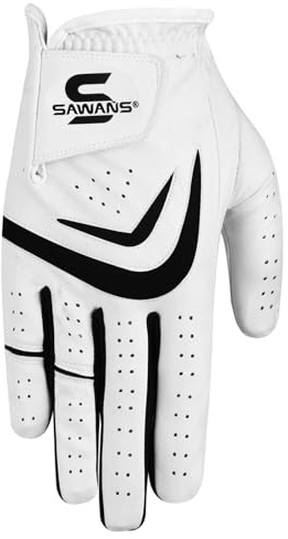 SAWANS Golf Glove Men Left Hand Right Non Slip Leather Grip Golfer Gloves All Weather Soft Durable Comfortable Flexible Wear Golfing Performance (White, M, Right Hand)