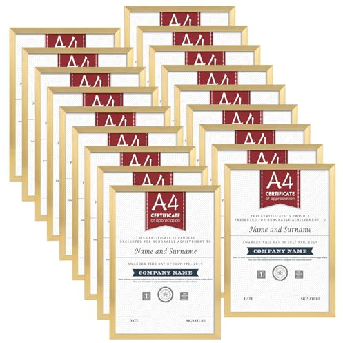 Hoikwo Multi A4 Photo Frames Set of 18, Gold A4 Picture Frame for Wall Hanging or Tabletop Display, Ideal for Certificates, Photos, Artwork, Poster, Document