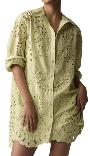 FeMereina Women's Embroidered Eyelet Shirt Mini Dress Button Long Sleeve Hollow Out Shirts Tunic Blouse with Camisole (Yellow, L)