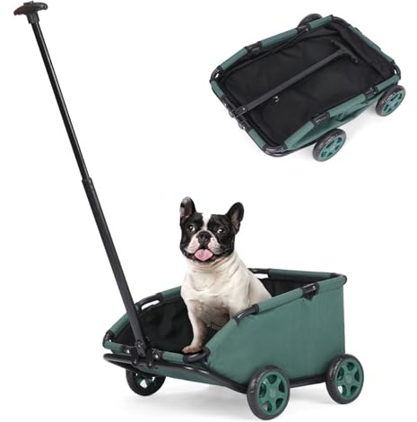 AESRAOU Carrello multifunzionale per cani e mini animali, pieghevole con maniglia estensibile, cuscino e corda di sicurezza, borsa (verde scuro)