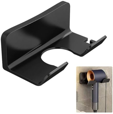 Hsyadazi Support mural universel pour sèche-cheveux sans perçage - Avec un trou de rangement pour prise - Pour salle de bain, salon - Noir