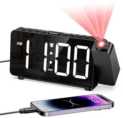 Ankilo Projection Alarm Clock for Bedroom, 6.4 IN Projector Clock on Ceiling, Alarm Clocks Bedside with USB Charge Port Adjustable Brightness/Volume for Heavy Sleepers, Snooze