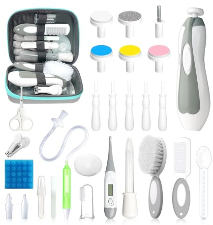 Baby Healthcare and Grooming Kit, 28 in 1 Portable Baby Essentials Kit Electric Nail Trimmer Set with Gas Relief Hair Brush Comb Nasal Aspirator for Newborn Boys Girls (Grey White)