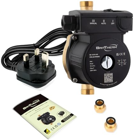 BritTherm B2 12/10-162 Water Pressure Booster Pump 150W – Automatic Inline Circulation System, Bronze Body, 10m Head, 1.8m³/h, UK Plug