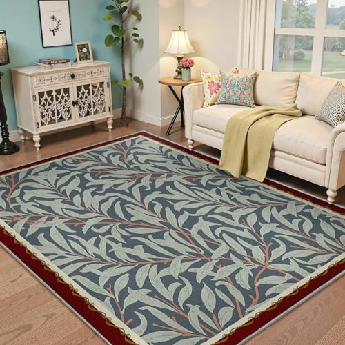 Tappeti per soggiorno 60x90 Tappeto lavabile in foglia di salice blu Boho Fattoria antiscivolo resistente alle macchie di grandi aree tappetinoo a pelo basso passatoiao botanico vintage morbido