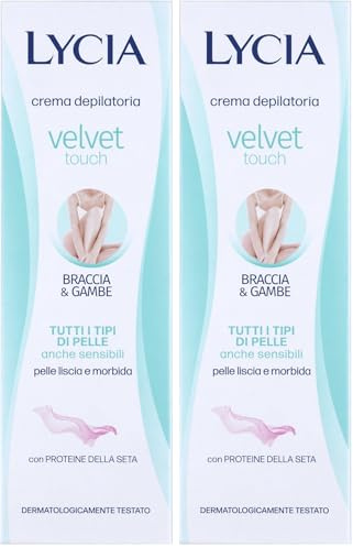 Lycia, Crema Depilatoria per Gambe e Braccia Idratante e Vellutante, con Proteine della Seta, Ristabilisce la Morbidezza Cutanea, Adatta a Pelli Sensibili, Velvet Touch, 150 ml (Confezione da 2)