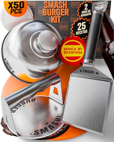 SMASHI® Smash Burger Professionellt grundkit + spatel med öppnare | Hamburgerpress i rostfritt stål 304 EU-certifierat | 50 non-stick papper | Original Smash Kit (Expert)