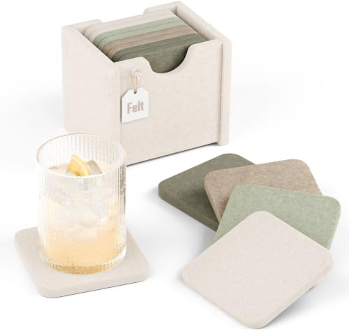 Fluxynara Felt Drink Coasters with Holder, Square, Set of 8, Linen Dusk