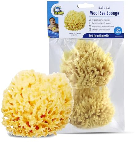Baby Buddy Absorbent Natural Bath Sponge, Ultra Soft Premium Sea Wool Sponge, Soft on Baby's Tender Skin, Bath Accessories Baby and Kids, Infant Bath, Biodegradable, Hypoallergenic, 2pk, 4in