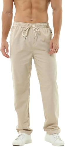 Hoerev Men Casual Beach Trousers Linen Trousers Pants