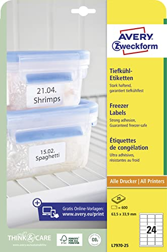 AVERY Zweckform L7970-25 Tiefkühletiketten (600 Aufkleber, 63,5x33,9mm auf A4, selbstklebend, temperaturbeständige und tiefkühlfeste Klebeetiketten für Gefriergut, bedruckbar) 25 Blatt, weiß