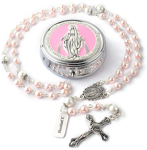 HanlinCC 6mm Glass Pearl Beads with 8mm Our Father Beads with Caps Rosary Pack in Miraculous Metal Gift Box (Pink Rosary with Miraculous Gift Box)