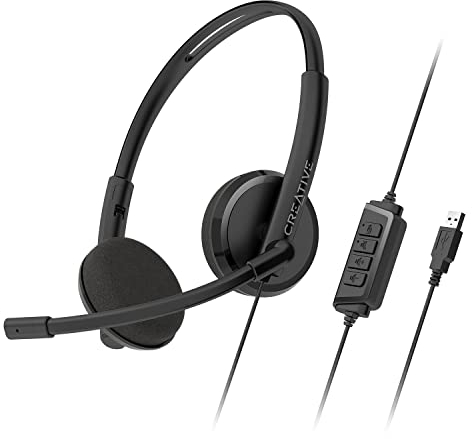 Creative HS-220 - Auriculares de Diadema USB con micrófono Condensador con cancelación de Ruido, micrófono en línea, Control de Silencio/Volumen, Plug and Play para videollamadas