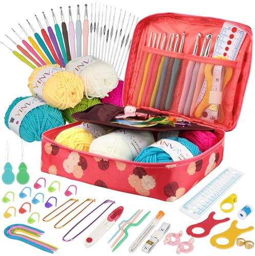 YINVA Crochet Kits Crochet Hooks Set for Beginners Adults Knitting Kit Ergonomic Metal Crochet Hooks 0.6mm-8mm Knitting Accessories Tools Crochet Wool Yarn Storage Case Needles Starter Kit-Blue