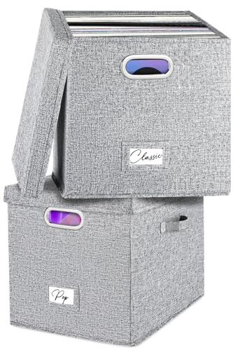 Lot de 2 boîtes de rangement pour disques vinyles – Pour plus de 100 disques vinyles simples (30,5 cm), caisses empilables en lin avec couvercle, support de collection de musique pour jouer de la