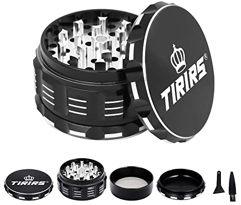 TIRIRS 3 Inches 4 Pieces Premium Herb Grinder - Aluminium Large Spice Grinder with Pollen Catcher, Comes with Pollen Scraper and Cleaning Brush, Black