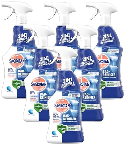 Sagrotan Bad-Reiniger Ozeanfrische – 2in1 Desinfektionsreiniger mit Antischmutzfilm für zuverlässige Hygiene im Badezimmer – 6 x 750 ml Sprühflasche