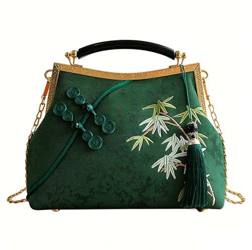 Anopo Clutch de Señora Bordada para Boda Boho Verde Oscuro Clutch con Borlas Bolso de Bandolera Vintage para Fiesta Nocturna
