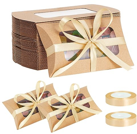 HSEAMALL 50 Stück Geschenkbox Kissenbox Weihnachtsgeschenkbox kleine Gastgeschenke für Geburtstagsfeier Gastgeschenk Taufe, Kraftpapier mit Klarsichtfenster