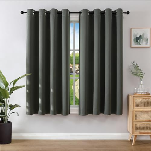 Joydeco Blackout Curtains for Bedroom 66 x 54 Inch, Eyelet Thermal Insulated Energy-saving Drapes for Room Darkening Light Filtering, Short Window Treatments 54 Inch Drop, 2 Panels - Dark Grey