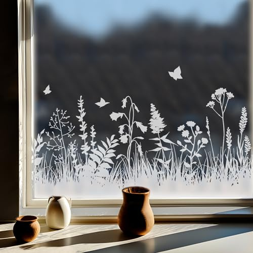 Neukids vita blommor gräs fönsterbilder, maskros fönsterklistermärken självhäftande, vita blommor vår sommar växter dekoration för fönster, vardagsrum sovrum kök badrum fönsterklistermärken