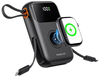 Batería Externa 10000mAh, 22.5W Power Bank USB C PD3.0 QC4.0 Cargador Portátil Carga Rápida con Pantalla LED y Cables Integrados para Smartphones, Tablets, Apple Watch y más