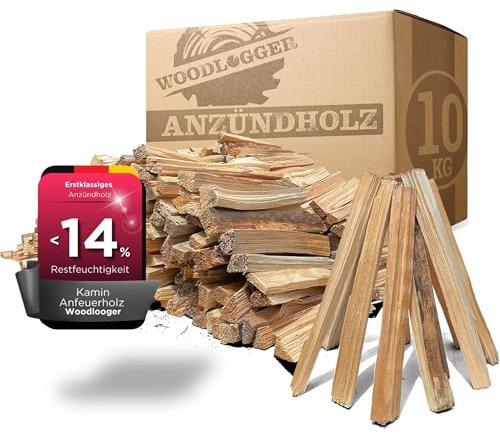 Woodlogger Anzündholz 10 KG - trockenes Anmachholz 18 cm - ofenfertiges Anfeuerholz für Kaminofen, Lagerfeuer, Feuerschalen und Grill - sauberes Holz für Grill & Ofen - hochwertige Kaminanzünder