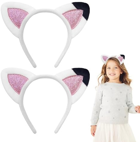SEFIRST 2 Piezas Diadema con Orejas de Gato para Niños, Lindos Diademas para el Cabello de Gato, Accesorios para el Cabello con Purpurina para Carnaval, Fiesta Temática, Disfraces, Cosplay (Blanco)