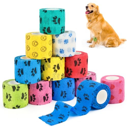 WuGU 12 Rollen Selbstklebender Verband, Selbsthaftende Bandage Tierverband Selbstklebend Hund Vet Wrap Pet, aftbandage Selbstklebend für Finger Handgelenk,Knie und Schwellungen(12 Farben 5 cm x 4,5 m)