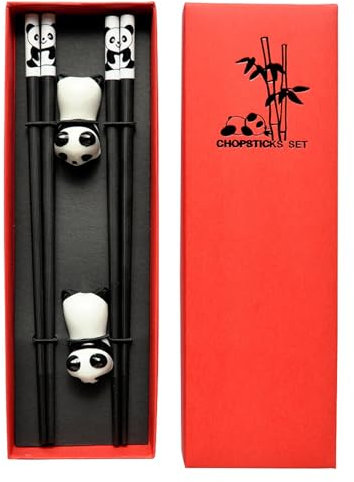 Zunishaone Chinese Chopsticks Set, Reusable Cutting Sticks | Panda Reusable Chopsticks Set with Ceramic Holders,2 Pairs 9.4 Inch Rib Sticks