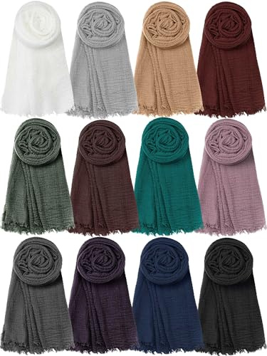 SATINIOR 12 Pcs 12 Pcs Hijab Scarf for Women Soft Cotton Long Head Scarves Shawl Wrap for Muslim Women Lightweight Fashion (Dark Colors)