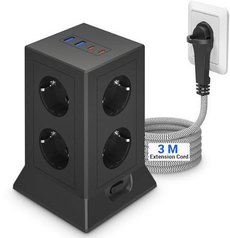 Flera Uttag Överspänningsskydd, 8-Vägs Grenuttag med USB C, Tornuttag med Platt Kontakt, Multipelkontakt Grenuttag 2M med Strömbrytare för Hemmakontor, Svart (3M)